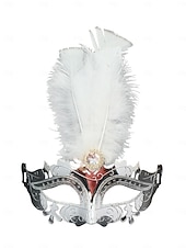 economico Accessori-Maschera in maschera veneziana rossa con piume per donne - elegante accessorio da costume intagliato al laser per il festival di Venezia Mardi Gras cosplay e feste in maschera