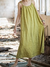 cheap Premium Linen Collection-Women's Midi Dress Cotton Linen Dresses Shift Dress Sundress Slip Dress Vintage Fashion Daily Outdoor Vacation Loose Fit Plain Sleeveless Straps Blue Teal White Yellow Summer Spring