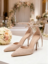 economico Invitato al matrimonio-scarpe con tacco alla caviglia in pelle scamosciata color carne da donna: eleganti décolleté a punta stiletto per matrimoni al chiuso, invitati a nozze e scarpe eleganti per feste formali