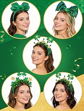  Diademas para el Día de San Patricio para mujer (paquete de 5) - Trébol verde con brillantina &Aros para el pelo con lazo, accesorios festivos para disfraces irlandeses para desfiles y fiestas.