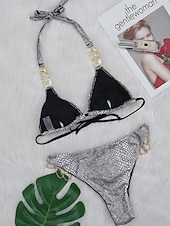 رخيصةأون أطقم البيكيني-ملابس سباحة نسائية بيكيني من قطعتين بظهر غير مغطى للنساء شاطئ العطلات مع تصميم بسيط عنق مزين وبدون أكمام