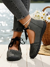cheap Women's Flats-Women's Beige Perforated Lace-Up Comfort Shoes, Breathable Design, Flexible Non-Slip Sole for Walking, Travel and Everyday Casual Use