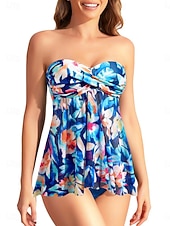 economico Tankini-Costume da bagno a due pezzi da donna tankini con ferretto culotte sgambate controllo pancia vita alta slim schiena scoperta vacanza mare senza spalline floreali senza maniche