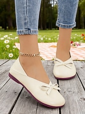 preiswerte Ballerinas für Damen-Damen-Ballerinas aus weichem Kunstleder in Mandelfarbe mit weiter Passform und Schleife – minimalistische Slipper für Büro, Freizeit und Schule