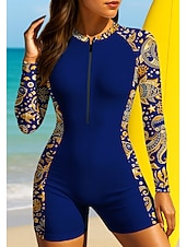 お買い得  ワンピースラッシュガード-女性用 レギュラー ラッシュガード 水着 ボイレグ フラワー トロピカル風 ジッパーを閉める 取り外し式パッド フロントファスナー UVサンプロテクション UPF50+ 超軽量(UL) 長袖 スイムウェア ラッシュガード サーフィン ビーチ ウォータースポーツ 夏