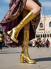 abordables Chaussures de femme-Bottes métalliques argentées jusqu'aux genoux avec talon bloc pour femmes Mardi Gras – Style rétro années 70 pour carnaval fêtes et événements costumés