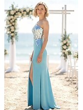 cheap Long Dresses &amp; Gowns-Sheath Column Sweep Brush Train Asymmetrical Prom Dress Beaded Eembroidered Party Dress Wedding Guest Dresses Party Glittering Sleeveless One Shoulder Prom Wedding with Sequin