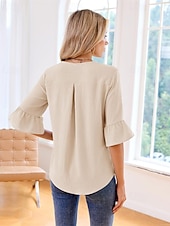 Χαμηλού Κόστους Επίσημες Μπλούζες-Γυναικεία Πουκάμισο Κομψή Σατέν Μπλούζα Μπλούζα Σουρωτά Με Βολάν Κουρελού Σκέτο Κομψό Βίντατζ Καθημερινά Μακρυμάνικο Λαιμόκοψη V Κανονικά μπλουζάκια Καθημερινά Δουλειά Αργίες