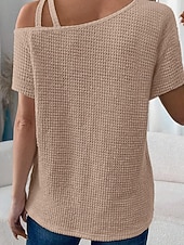 abordables Camiseta lisa-Mujer Camiseta Color sólido Vintage Elegante Manga Corta Cuello asimétrico Tops regulares Diario Noche Fin de semana Negro Blanco Rosa Caqui Verano Primavera