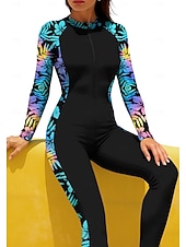 abordables Rash Guards Une Pièce-Femmes Standard Maillot Anti UV Rashguard intégral Maillot de bain Floral Tropical avec soutien-gorge intégré ​fermeture éclair sur le devant Protection Solaire UV Couvrant UPF50+ manche longue Coque