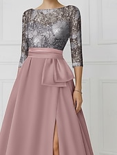 economico Abiti da Sera a Linea A-Linea ad A Lunghezza al pavimento Perline ricamate Abito Formale Abito da madre della sposa Abito da Sera Elegante Spacco Alto Manica 3/4 Girocollo Matrimonio Formale Raso Con Paillettes con
