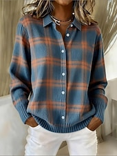 Недорогие свитшоты-Жен. Вязаная ткань Кардиган Элегантный стиль Мода Уличный стиль Сплошной цвет В клетку Рубашечный воротник Пэчворк Пуговицы Трикотаж Длинный рукав Обычные топы Вязать