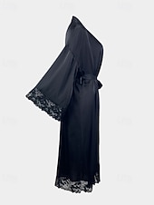 abordables Combinaisons pour femmes-Femmes Robe Occasionnel Doux Satin Couleur Unie Dentelle Quotidien Maison Lit manche longue Col en V Noir Blanche Été Coupe régulière