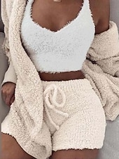  Dam Varm Present Pyjamas Uppsättningar Hem Fest Gata Alla hjärtans dag Polyester Plysh Enkel Mjukt Sport Strap Top Shorts Höst Långärmad Ärmlös