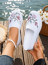 Χαμηλού Κόστους Γυναικεία Sneakers-Γυναικεία πράσινα slip-on αθλητικά παπούτσια με κέντημα λουλουδιών – αναπνεύσιμα πλεκτά παπούτσια για περπάτημα σε εξωτερικούς χώρους, ταξίδια και θηλασμό