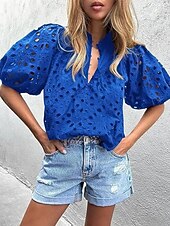 お買い得  プレーンTシャツ-女性用 ブラウス すかしカット 純色 ヴィンテージ スタイリッシュ カジュアル 半袖 Ｖネック レギュラートップス 日常 ブルー ブラック ホワイト ピンク アーミーグリーン 夏 春