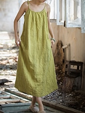 cheap Premium Linen Collection-Women's Midi Dress Cotton Linen Dresses Shift Dress Sundress Slip Dress Vintage Fashion Daily Outdoor Vacation Loose Fit Plain Sleeveless Straps Blue Teal White Yellow Summer Spring