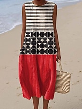 Χαμηλού Κόστους Ριγέ και Γεωμετρικά Φορέματα-Γυναικείο Midi Φόρεμα Λινό Φορέμα Ήλιου Σαφάρι Φόρεμα Α-Γραμμή Φόρεμα Διακοπών Καθημερινό Μποχό Παραλία Βγαίνοντας Χαλαρή Εφαρμογή Γραφικά Γεωμετρικά Αμάνικο Crew Neck Μπλε Κόκκινο Καφέ Πράσινο