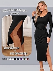 cheap Women-Women's long sleeve square neck waist pleat one side slit ribbed long dress