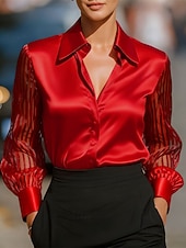 abordables Blusas Elegantes-Mujer Camisa Elegant Top de satén Blusa Frunce Encaje Retazos Color sólido Plano Elegante Vintage Diario Manga Larga Cuello Camisero Tops regulares Diario Trabajo Festivos Negro Blanco Rojo Azul Real