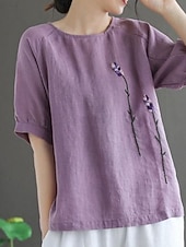 economico Camicie-Per donna Blusa Finto cotone e lino Ricamato Tinta unica Elegante Casual Mezza Manica Girocollo Top Regolari Quotidiano Bianco Giallo Viola Estate Primavera