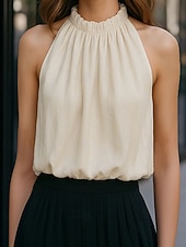 abordables Blusas Elegantes-Camiseta de mujer, blusa de color liso, elegante, a la moda, sin mangas, cuello alto, tops regulares, para uso diario, salidas, fin de semana, patchwork, verano, primavera