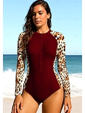 baratos Rash Guards de Uma Peça-Mulheres Segunda-pele para Mergulho Roupa de banho Conjunto de maiô Leopardo Zip Up UPF50+ Secagem Rápida Leve Manga Longa Camisa de Natação Surfe Praia Esportes Aquáticos Verão