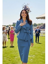 voordelige Jurkensets voor mama-Tweedelig Strak kolom Jurken Over de knie Derby-jurk Moeder van de bruid jurk Lange mouw Overhemdkraag Elegant Kentucky Derby Stretch crêpe met Sjerp / Lint Strik(ken)