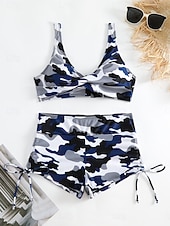 お買い得  ビキニセット-ウィメンズビキニ 2ピース水着 レオパード ショーツ スリム バックレス バケーション ビーチウェア カモ Vネック ノースリーブ 水着
