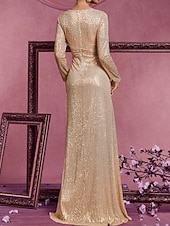 abordables Longueur du plancher-Ligne A Traîne Balayage Robe d'invité de mariage Robe de Cérémonie Robe de soirée Robe de Mère de Mariée  manche longue Col en V Élégant Éclat &amp; Brillance Années 1920 Formel robe demoiselle d honneur