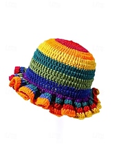 お買い得  アクセサリー-女性用クロシェラッフルバケットマルディグラハット – カーニバル、コスチュームパーティー、ボヘミアンシックスタイル用の多色レインボーニットフェスティバルキャップ