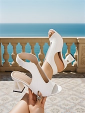economico Sandali con tacco-sandali bianchi da donna con tacco alto, punta aperta, tacco geometrico e dettagli intrecciati: perfetti per le vacanze estive, l'abbigliamento da resort e le gite in spiaggia