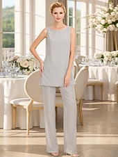 abordables Trajes de pantalón de mamá-Traje de pantalón Traje de 3 piezas Hasta el Suelo Vestido de Madrina Sin Mangas Barco de cuello Elegante Talla Grande Bolero incluido Invitado a la boda Gasa Vestidos de chaqueta con Un Color