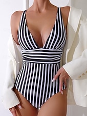 Недорогие Монокини-Женский купальник из одного куска утягивающий цветной блок монокини контроль живота высокая талия узкий спина без бретелек пляжная одежда полосатый V-образный вырез без рукавов