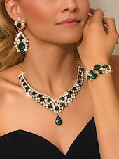 preiswerte Hochzeit ACC-Rotes Kristall-Halsketten-, Ohrring- und Armband-Set für Damen, goldfarbener Strass-Statement-Schmuck, eleganter Glamour-Stil für Partys &amp;Abendveranstaltungen