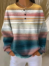 abordables Sweats à Capuche Texturés-Femmes Sweatshirt Pull Boutons Graphique Géométrique Mode Occasionnel Imprimé manche longue Col ras du cou Hauts Réguliers Occasionnel Maison Travail Bleu Rouge Orange Bleu de minuit Printemps Automne