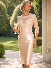 ieftine Lungimea ceaiului-Coloană Teacă Lungime Genunchi Rochie de petrecere Rochie de Cocktail Rochie pentru invitata de nunta Rochie Mama Miresei Lungime Manșon 3/4 Bijuterie Elegant Invitat la nunta Charmeuse cu Aplică