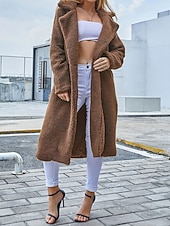 cheap Women's Outerwear-Women's Winter Coat Teddy Coat Coat Windproof Warm Patchwork Buttons Elegant Fashion Casual Plain Daily Outdoor Street Long Lapel Regular Fit Long Sleeve Outerwear Coffee Fall Winter