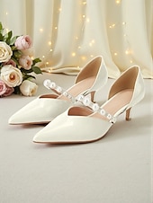 abordables Madre de la Novia/Novio-Zapatos de tacón bajo con tiras de perlas para mujer: elegantes zapatos de vestir de charol con punta puntiaguda para la madre de la novia, boda urbana chic. &amp;ceremonia formal