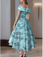 preiswerte Cocktailkleider-A-Linie Tee-Länge Cocktailkleider Partykleider Vintage Party Glitzern Ärmellos Schulterfrei Abschlussball Geburtstag Satin mit Glitzer Blumenmuster