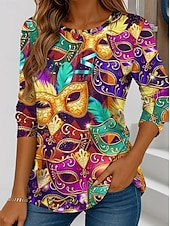 economico Abbigliamento femminile per il Carnevale-T-shirt da Donna Carnival Grafica Geometrica Vintage Elegante Classica Maniche Lunghe Collo Giro Regular Tops Stampa Quotidiana Weekend Giallo Verde Scuro Viola Primavera Autunno