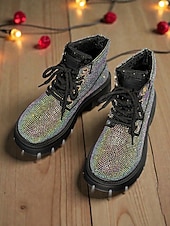 economico Stivali alla caviglia-stivaletti allacciati con glitter da donna - stivali da combattimento con plateau e strass scintillanti, stile trendy per la vita notturna, per feste e club &amp;abiti da sera