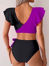 Χαμηλού Κόστους Σετ μπικίνι-Γυναικεία Μαγιό 2 κομμάτι Προκλητικό Μαγιό Σουρωτά Κουρελού Εξώπλατο Διακοπές Ρούχα παραλίας Συνδυασμός Χρωμάτων Λαιμόκοψη V Αμάνικο Μαγιό