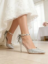 economico sposa-Scarpe da sposa con tacco argento scintillante da donna con fiocco – eleganti scarpe da sposa con punta a punta e cinturino alla caviglia per la sposa