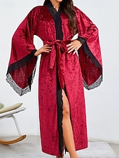 cheap Women's Onesies-Women's Robe Casual Soft Satin Pure Color Lace Patchwork Daily Home Bed Long Sleeve V Neck Black White Wine Summer Spring Loose Fit