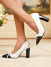 voordelige Pumps met blokhak-Dames tweekleurige groene en witte blokhak pumps - spitse neus met strikdetail, vintage chique stijl schoenen uit de jaren 50 voor werk, feestjes en dagelijkse outfits