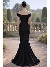 preiswerte Meerjungfrau Abendkleider-Meerjungfrauenschnitt Bodenlang Abendkleid Ballkleid Festliche Kleidung Elegant seidig Kurzarm Schulterfrei Hochzeit Formell Tasche Satin mit Gestickte Blume