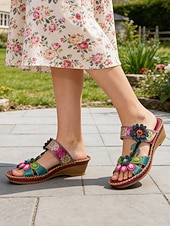cheap Sandalias deslizantes-Women's Purple Genuine Leather Floral Wedge Sandals | Soft Comfort  Open Toe Sandals for Walking, Garden Party &amp; Casual Daily Wear