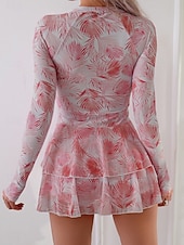 billiga Tankinis-Dam Badkläder Tankini 2 st Kjol Baddräkt Magkontroll Hög midja Smal Elegant Semester Blommig Rund hals Långärmad Baddräkter