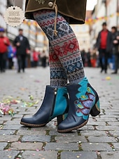 Χαμηλού Κόστους Γυναικεία παπούτσια-Γυναικεία Καρναβαλικά Μπότες Μπλέ Mardi Gras με Μπλοκ Τακούνι - Ποιότητα Δερμάτινη δέρμα Κεντημένο Vintage Λαογραφικό Στυλ Υποστηρικτικά Τακούνια για Παρελάσεις Κοστούμια Καθημερινή Χρήση και